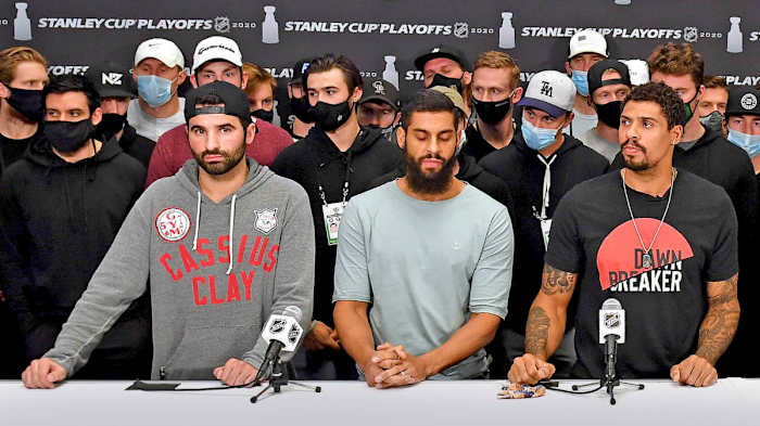 POWER PLAYERS: From Top: The HDA says Bettman and Davis came up short on their efforts to promote social justice in the bubbles; Kadri spoke alongside other players after play stopped following Blake’s shooting.